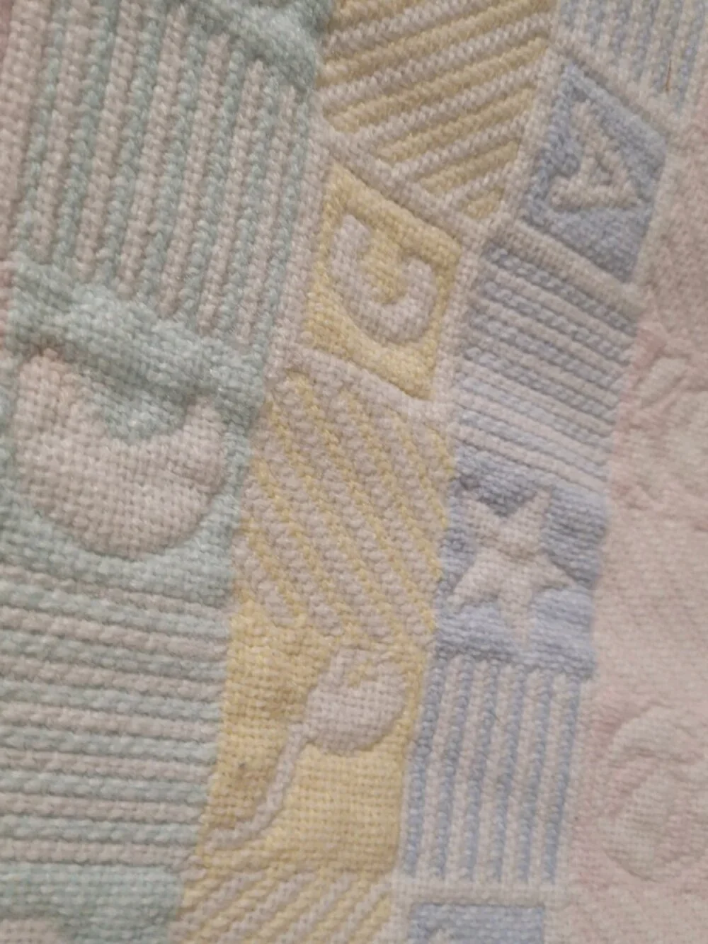 Vintage 1980s Pastel ABC Block Squares Baby Blanket Fringe Moons Balloon Stars